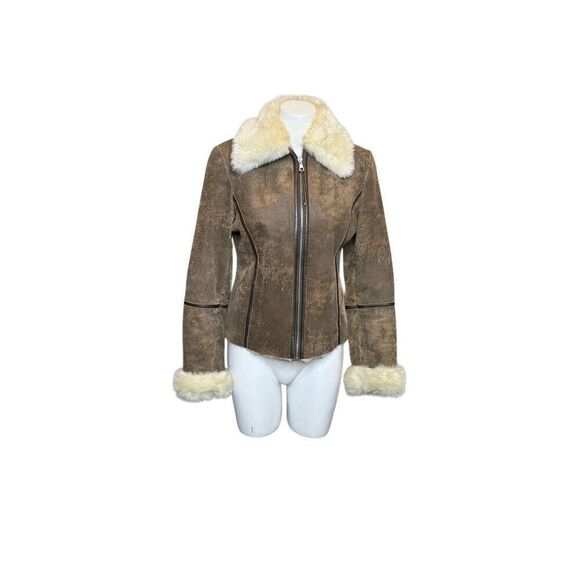 Express vintage Y2K brown leather faux fur lined zip up jacket size 8 - Picture 1 of 13